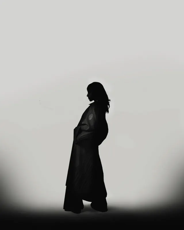 Fashion silhouette with fingerprint sleeve, photographic, minimal, light