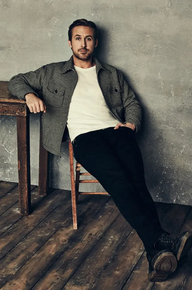 Ryan Gosling rustic studio portrait, editorial, photographic, muted