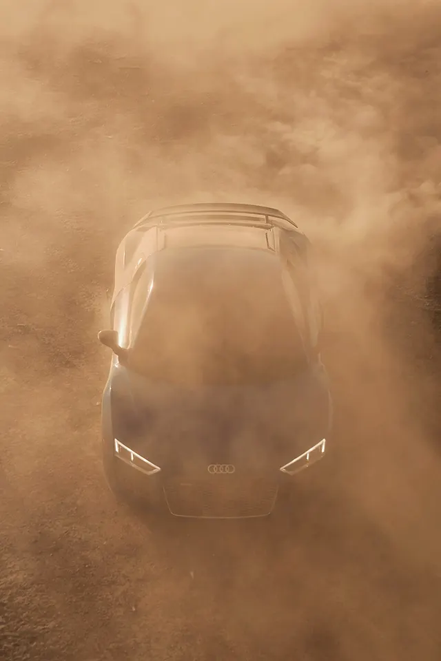 Audi in golden dust cloud, photographic, technical, warm