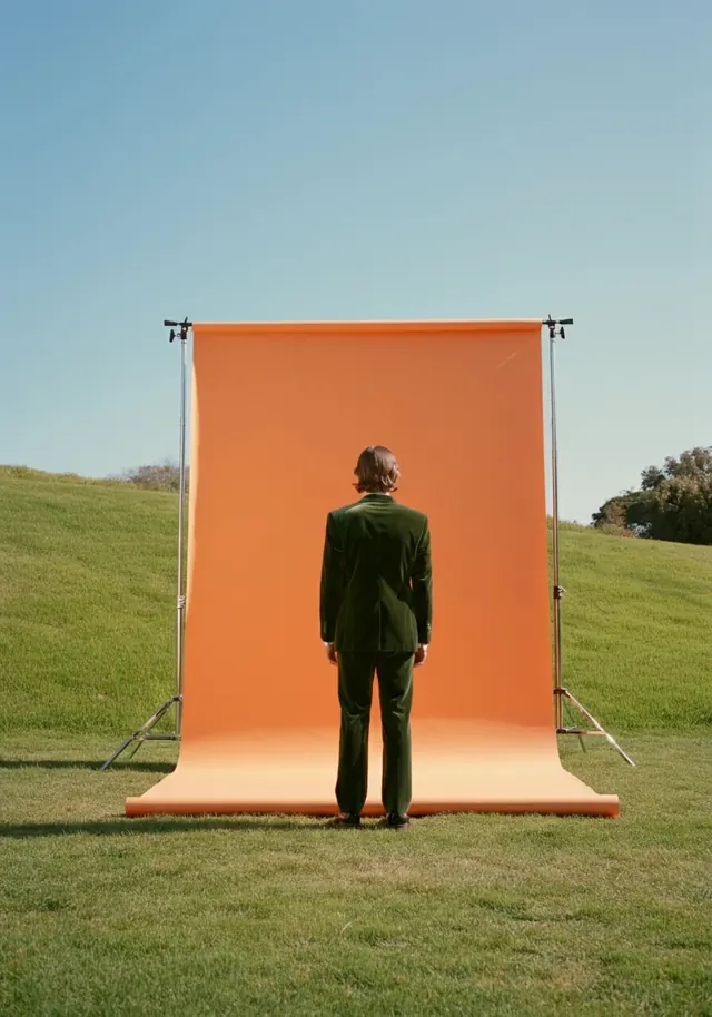 Green suit on orange seamless outdoors, editorial, photographic, vibrant