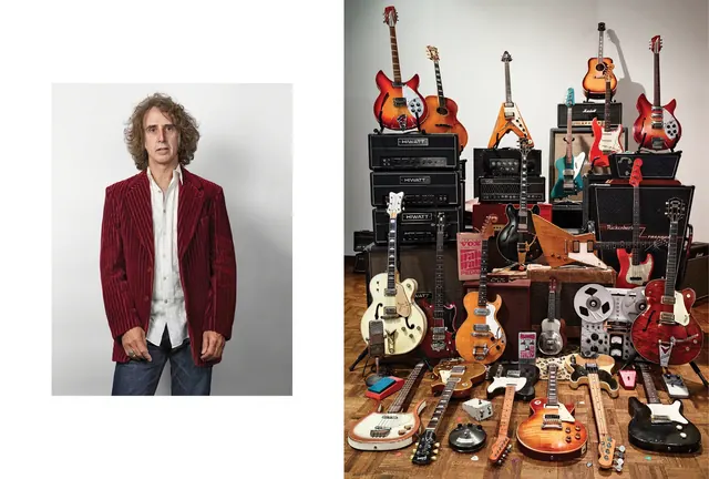 Musician portrait and vintage gear wall, editorial, photographic, warm