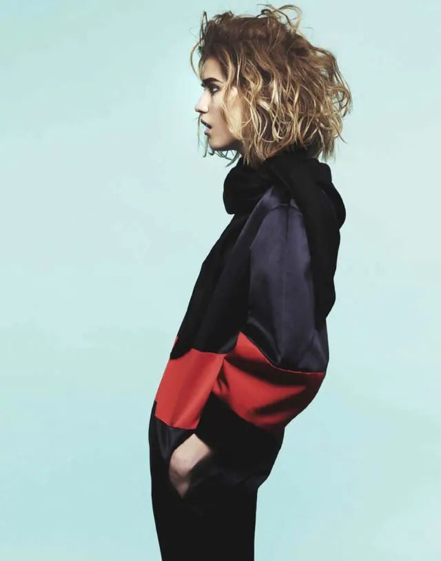 Color-block fashion editorial portrait, editorial, photographic, vibrant