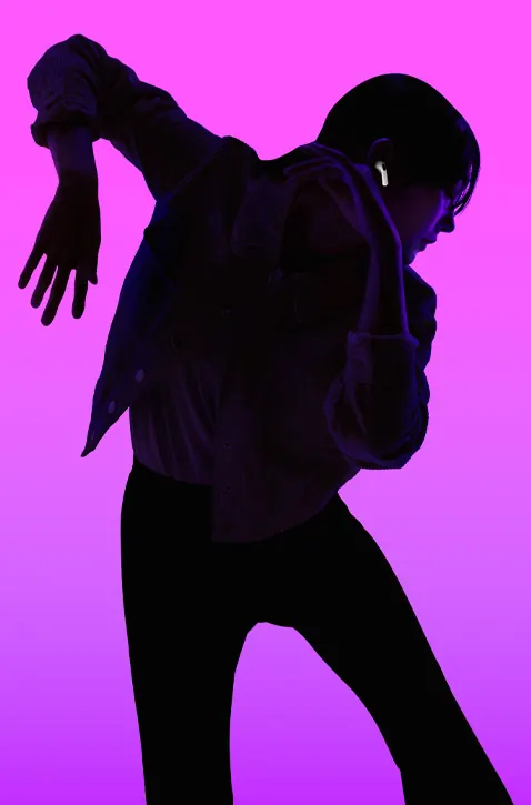 AirPods magenta silhouette dance ad, minimal, photographic, vibrant