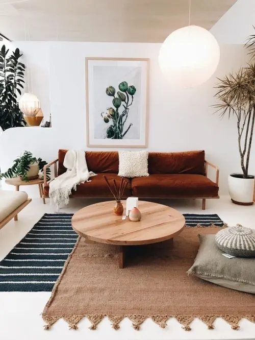 Burnt orange sofa bohemian living room, organic, minimal, warm