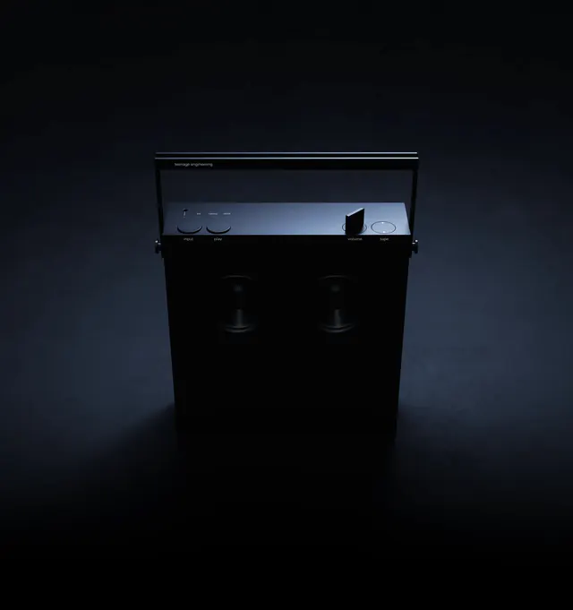 Teenage Engineering radio product hero, minimal, technical, dark