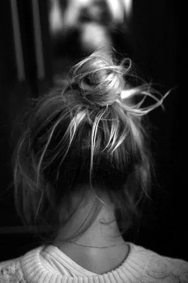 Back-view messy bun monochrome portrait, photographic, monochrome, monochrome