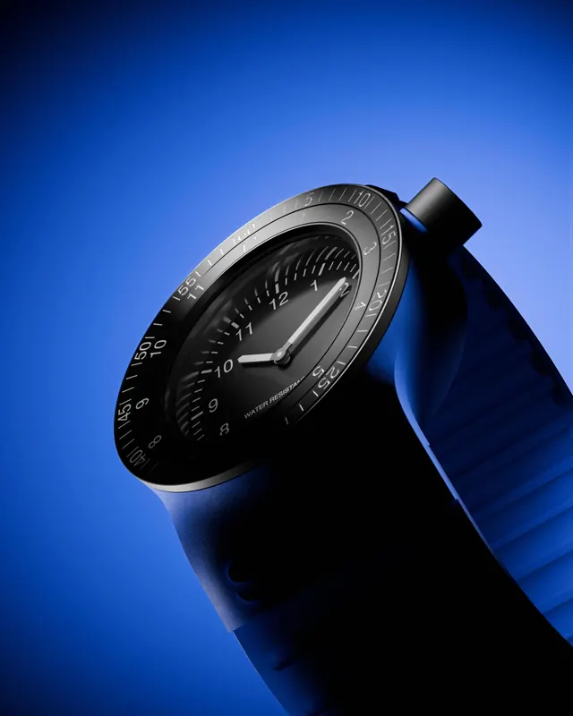 Matte blue minimalist analog watch, minimal, technical, vibrant