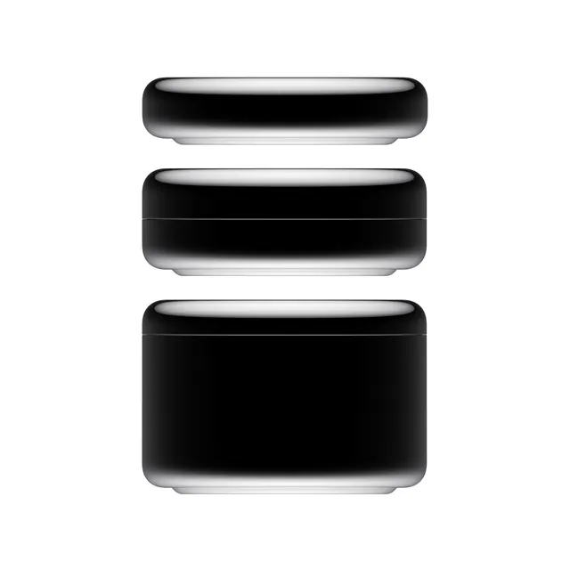 Stacked glossy black cylindrical jars, minimal, luxury, monochrome