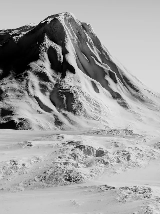 Monochrome snow mountain peak landscape, photographic, minimal, monochrome