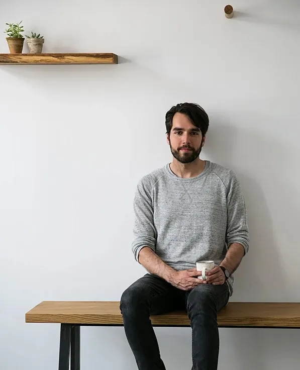 Minimal studio portrait on wood bench, minimal, photographic, light