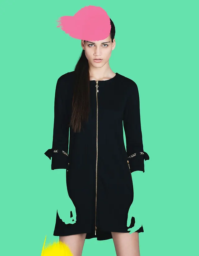 Fashion portrait with paint brush overlays, photographic, playful, vibrant