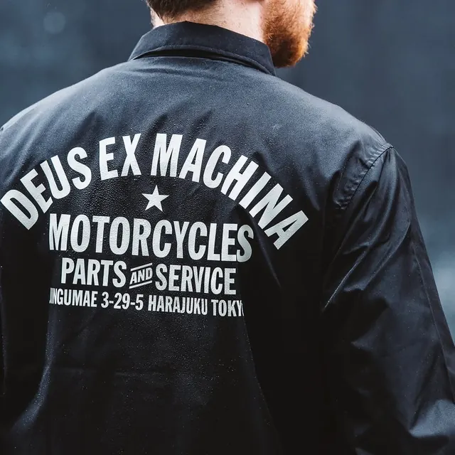 Deus Ex Machina jacket back typography, minimal, photographic, dark