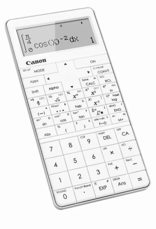 White Canon scientific calculator product shot, minimal, photographic, light