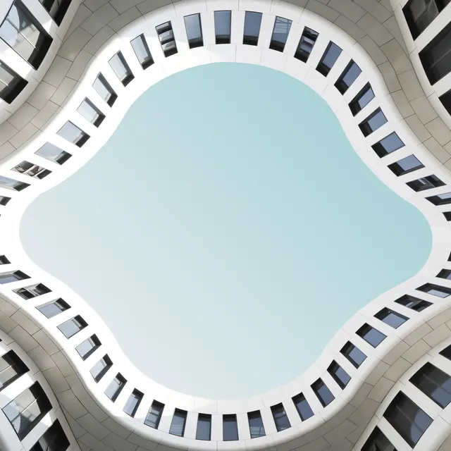 Curved facade worm's-eye view, minimal, photographic, light