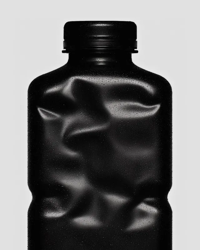 Crumpled matte black bottle, minimal, photographic, dark