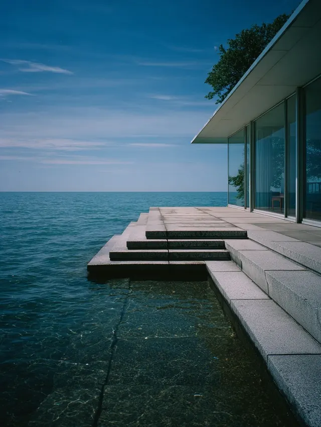 Modernist Waterfront Architecture, minimal, photographic, cool