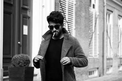 Man in Sunglasses and Coat, monochrome, photographic, monochrome