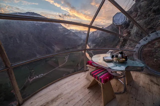 Mountain View Balcony with Table Setting, photographic, organic, warm
