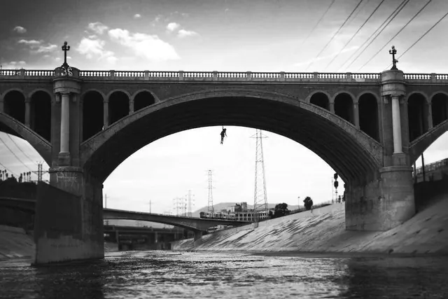 Monochrome Bridge and Train Scene, monochrome, photographic, monochrome
