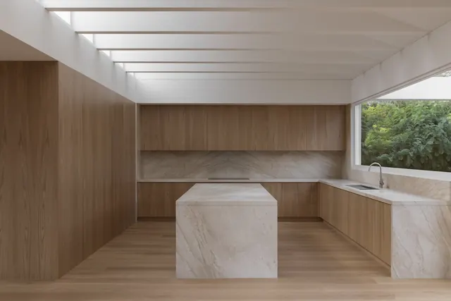 Minimalist Wood Interior with Stone Countertop, minimal, photographic, warm