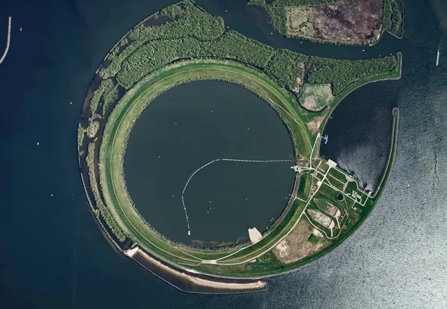 Aerial View of Circular Water Reservoir, photographic, organic, dark