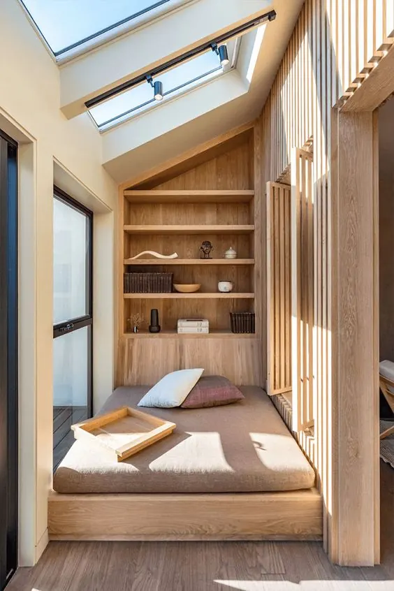 Modern Loft Bedroom Interior, minimal, photographic, warm