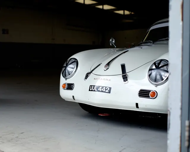 White Vintage Car in Garage, photographic, retro, high-contrast