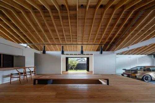 Modern Industrial Interior with Exposed Wood Beams, minimal, photographic, warm