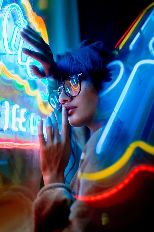 Neon portrait through glass, photographic, editorial, dark