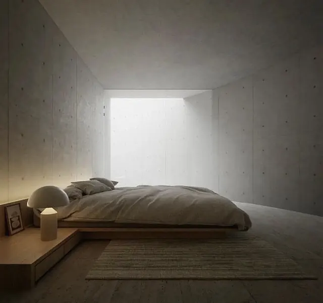 Brutalist concrete bedroom, brutalist, minimal, muted