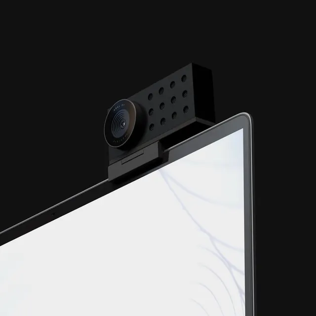 Opal C1 webcam product shot, minimal, technical, dark