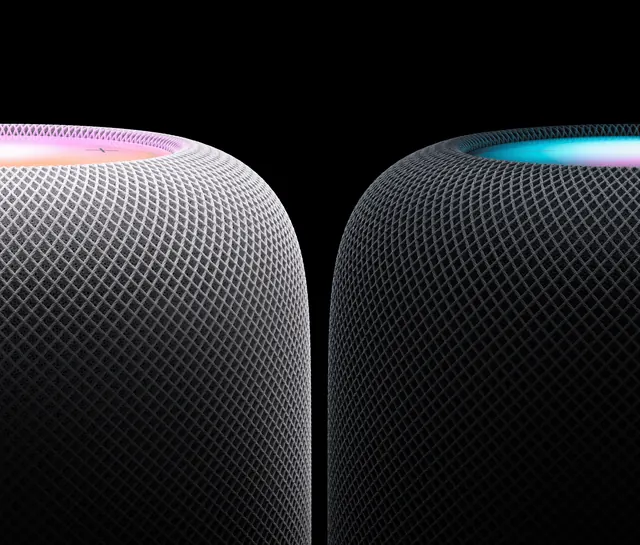 Apple HomePod pair hero, minimal, technical, dark