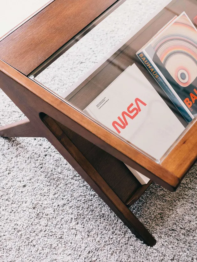 Mid-century table with design books, retro, minimal, warm