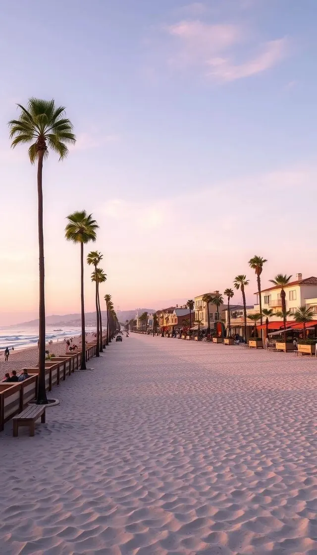 Coastal boardwalk at sunset, photographic, organic, pastel