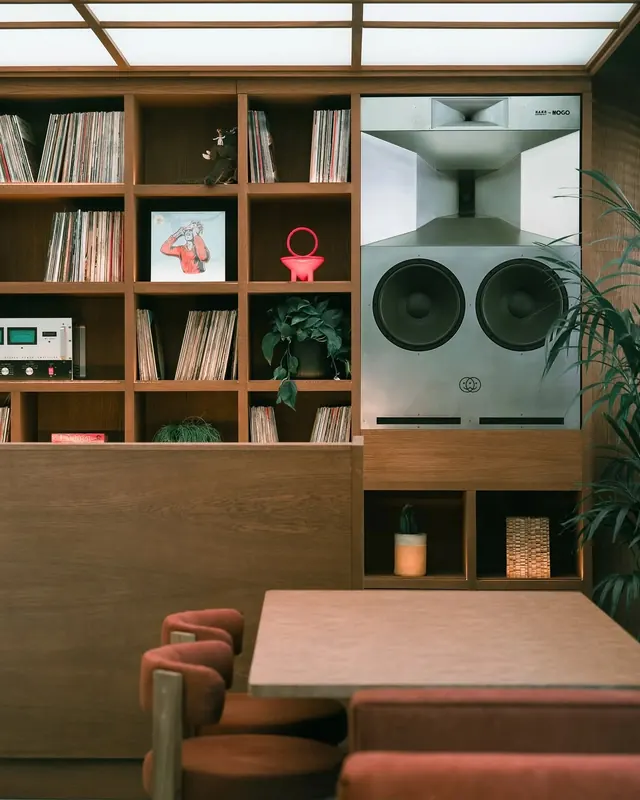 Audiophile lounge with grid shelving, organic, minimal, warm