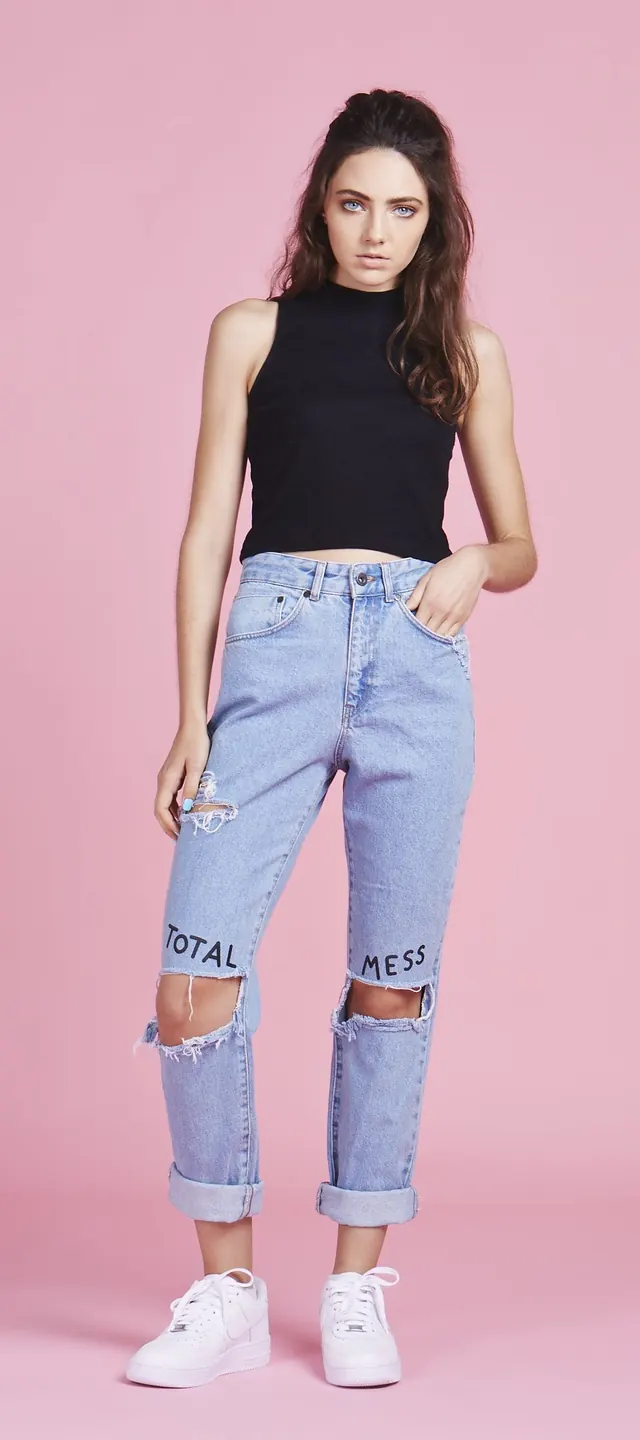 TOTAL MESS distressed denim portrait, photographic, minimal, pastel