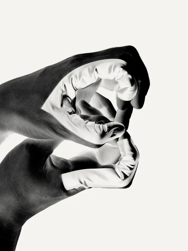 Solarized intertwined hands study, abstract, photographic, monochrome