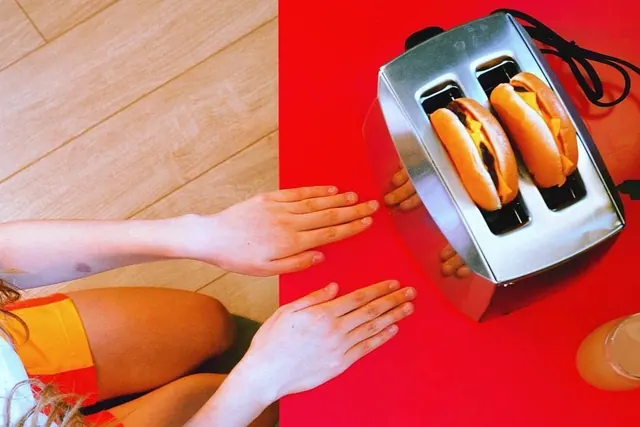 Burgers in toaster conceptual photo, photographic, playful, vibrant