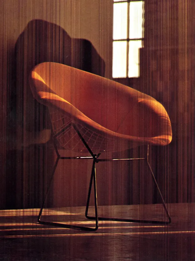 Bertoia chair in window light, retro, photographic, warm
