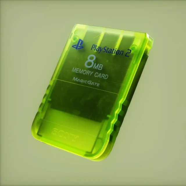 Translucent green PS2 memory card, retro, minimal, vibrant