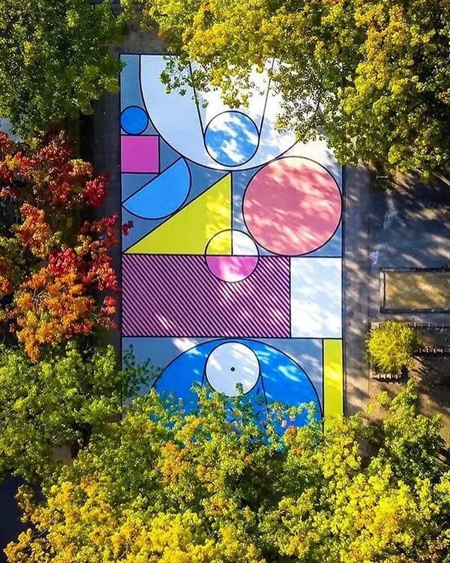Geometric painted basketball court aerial, geometric, maximalist, vibrant