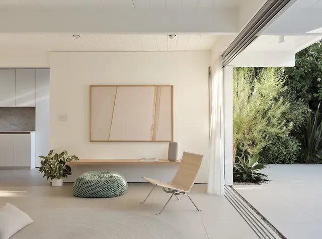 Minimalist living room with garden view, minimal, organic, light