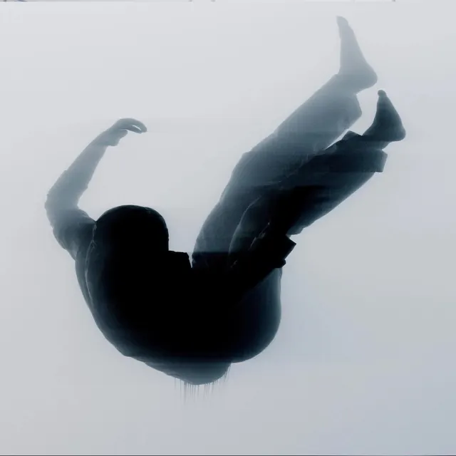 Falling figure in white void, minimal, monochrome, monochrome