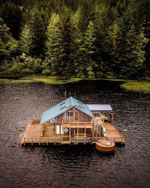 Floating houseboat in evergreen forest, organic, photographic, dark