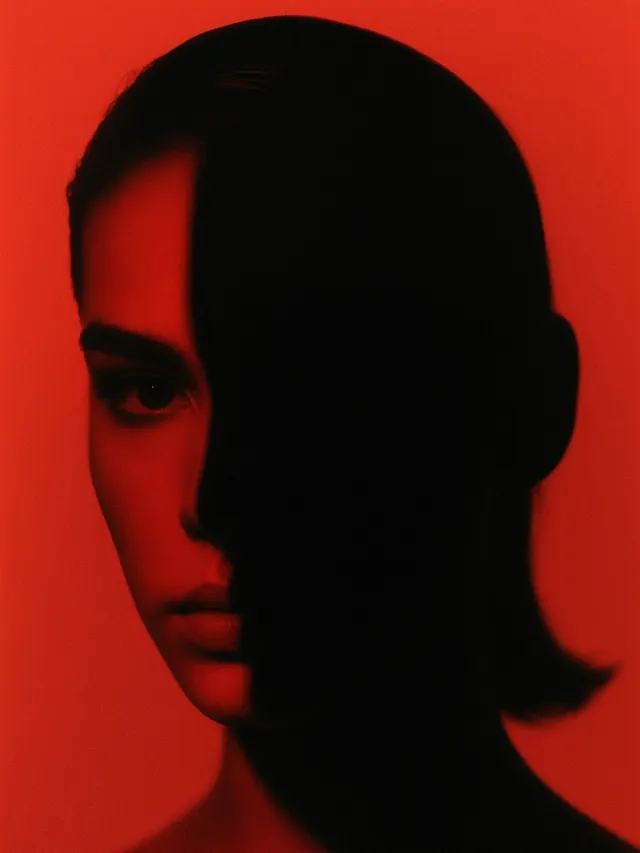 Red-lit split-face portrait, photographic, minimal, dark
