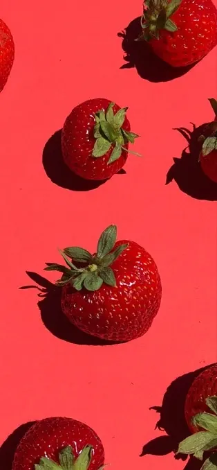 Strawberries on red flat lay, minimal, photographic, vibrant