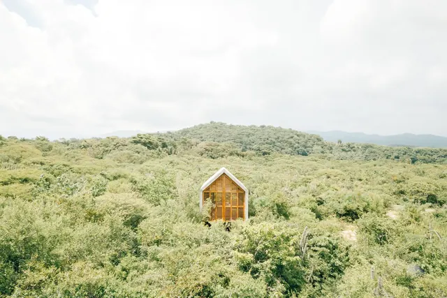 Forest Cabin Aerial View, minimal, organic, light