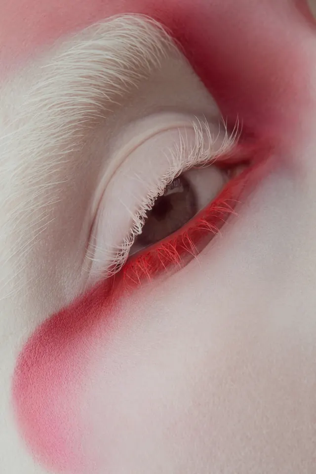 Red and White Macro Eye Makeup, editorial, photographic, light