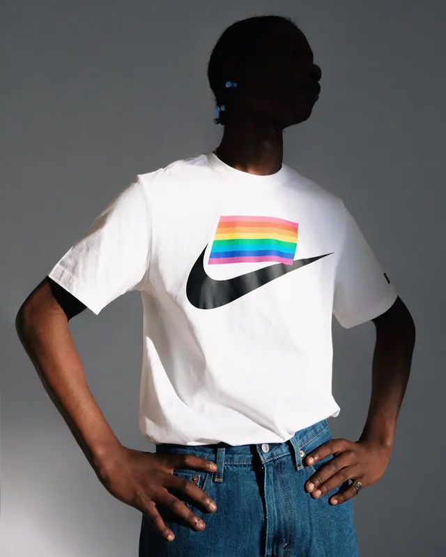 Nike pride swoosh tee editorial, photographic, minimal, dark