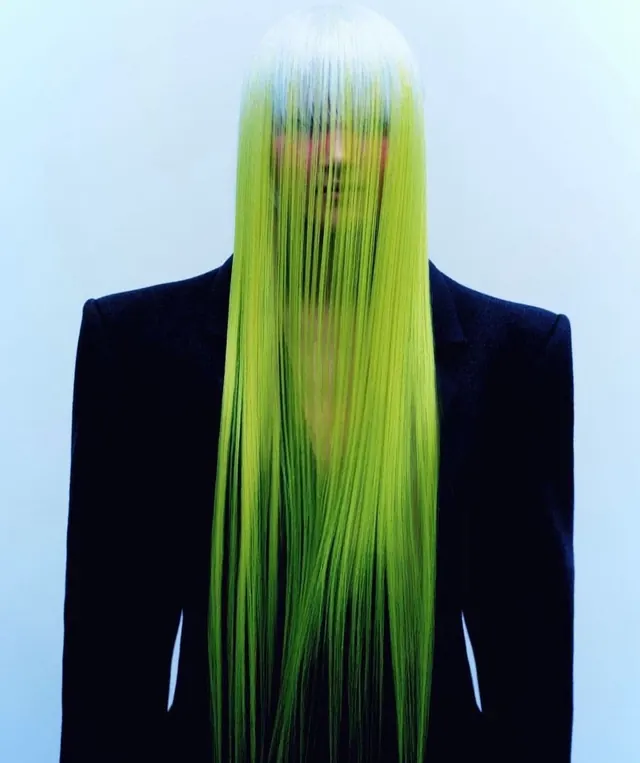 Neon-green hair veil fashion portrait, editorial, minimal, cool
